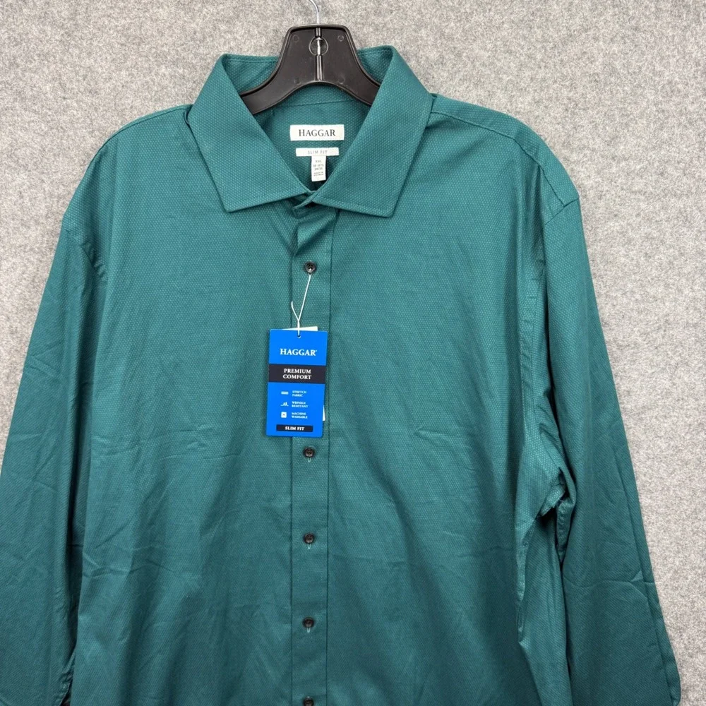 Haggar Premium Comfort Dress Shirt XXL 18-18.5 34/35 Slim Fit Dark Green Stretch